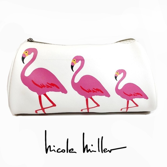 Nicole Miller Handbags - NICOLE MILLER Pink Flamingo Make Up Cosmetics Faux Leather White Bag